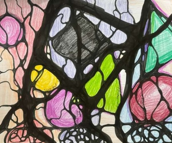 Abstract neurographic drawing with fluid lines and bold colors blending into a dynamic visual pattern (6)-min A neurographic drawing with sharp geometric inserts—triangles, rectangles, and circles—embedded within organic black lines. The background features soft pastels in pink, purple, and cream, while bold colors like lime green, yellow, and magenta accent the main shapes, creating a tension between structure and flow.