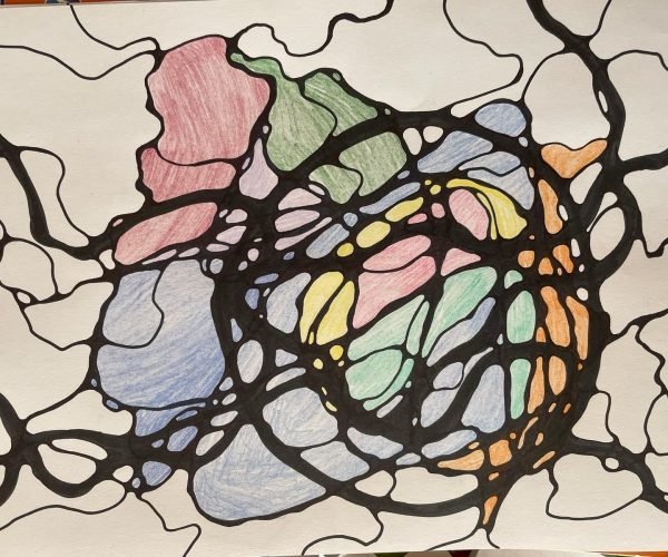 Cristi-min Intricate Neurographica drawing with a central multicolor cluster of greens, blues, pinks, and yellows, expanding into neutral white space—evoking personal clarity and inner focus.