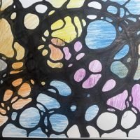 A Neurographica drawing with thick black branching lines forming rounded organic shapes filled with soft colors like yellow, blue, orange, and purple. The image reflects emotional flow and subtle energy movement across the page.