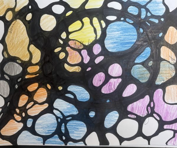 A Neurographica drawing with thick black branching lines forming rounded organic shapes filled with soft colors like yellow, blue, orange, and purple. The image reflects emotional flow and subtle energy movement across the page.