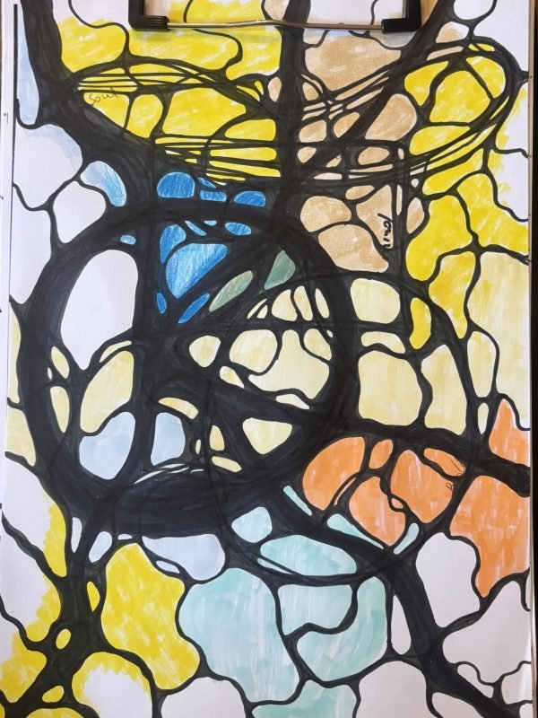 A bright and open Neurographica piece with expansive black lines forming large shapes, colored in yellow, orange, light blue, and beige tones. Words like "soul" appear within the forms, hinting at deeper reflection. The page is held in place by a metal clipboard clip.