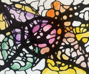 A layered Neurographica pattern with high contrast—bold blacks against bright colors like magenta, lime, and indigo—illustrating a tension between chaos and harmony.