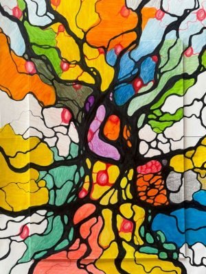 Neurographics-min Colorful neurographic drawing featuring interconnected organic shapes with vibrant orange, yellow, and green hues.